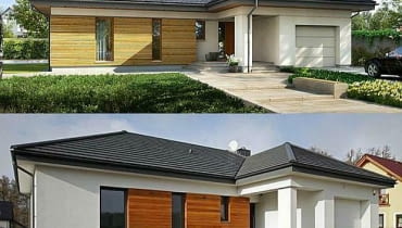 Elewacja frontowa. Na górnym zdjęciu projekt domu, na dolnym realizacja. Inwestorzy ograniczyli w stosunku do projektu ilość drewna na elewacji. Poszerzyli też i skrócili nieco otwory okienne. projekty domów, domy realizacje