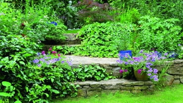 Kamienne murki wraz z posadzonymi na podwyższeniu roślinami tworzą ekran osłaniający ogród. Kamienne murki wraz z posadzonymi na podwyższeniu roślinami tworzą ekran osłaniający ogród.