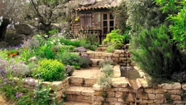 W tej skarpie uformowano szersze stopnie umocnione kamiennymi murkami. Na powstałych tarasikach znalazło się miejsce dla roślin i dla niedużej kaskadki 26.05.2010 LONDYN MIEDZYNARODOWA WYSTAWA OGRODOW CHELSEA FLOWER SHOW