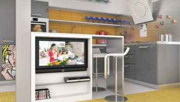 Wystarczy porzucić rutynę, a wtedy okaże się, że nawet tradycyjny bufet może nas zaskoczyć nową funkcją. <BR > Bufet zamykający ciąg szafek nie tylko przesłania kuchenny rozgardiasz, ale pozwala też zyskać dodatkowy blat roboczy, mały stolik śniadaniowy albo szafkę. Taki mebel można jednak wykorzystać również od strony pokoju dziennego. Proponujemy urządzić w nim kącik na sprzęt radiowo-telewizyjny z płaskim telewizorem, odtwarzaczem DVD i półeczką na podręczny zbiór płyt. W wizualizacji bufet z telewizorem został uzupełniony niewielkim stolikiem-barkiem. Takie rozwiązanie gwarantuje, że nikt nie będzie oglądał telewizji przy posiłku. Wystarczy porzucić rutynę, a wtedy okaże się, że nawet tradycyjny bufet może nas zaskoczyć nową funkcją. <BR > Bufet zamykający ciąg szafek nie tylko przesłania kuchenny rozgardiasz, ale pozwala też zyskać dodatkowy blat roboczy, mały stolik śniadaniowy albo szafkę. Taki mebel można jednak wykorzystać również od strony pokoju dziennego. Proponujemy urządzić w nim kącik na sprzęt radiowo-telewizyjny z płaskim telewizorem, odtwarzaczem DVD i półeczką na podręczny zbiór płyt. W wizualizacji bufet z telewizorem został uzupełniony niewielkim stolikiem-barkiem. Takie rozwiązanie gwarantuje, że nikt nie będzie oglądał telewizji przy posiłku.