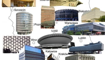 Zabytki architektury PRL na mapie Polski. kolaż: Tomasz Sachanowicz / dynamo architekci Zabytki architektury PRL na mapie Polski. kolaż: Tomasz Sachanowicz / dynamo architekci