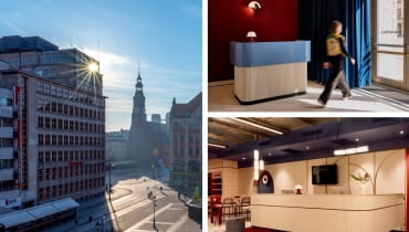 Fot. z lewej: budynek dawnej Miejskiej Kasy Oszczędności we Wrocławiu; Fot. z prawej: wnętrza B&B HOTEL Wrocław Old Town, proj. AKA Studio Fot. z lewej: budynek dawnej Miejskiej Kasy Oszczędności we Wrocławiu; Fot. z prawej: wnętrza B&B HOTEL Wrocław Old Town, proj. AKA Studio