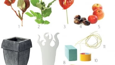 Materiały: 1. gałązki borówki amerykańskiej (Vaccinium corymbosum); 2. róże; 3. anturium; 4. owoce kasztanowca (Aesculus); 5. dzikie jabłka; 6. blaszane naczynie; 7. forma z kartonu (4 sztuki); 8. gąbka florystyczna; 9. patyczki szaszłykowe; 10. taśma dwustronnie klejąca; 11. bezlistne pędy chmielu (Humulus lupulus) Materiały: 1. gałązki borówki amerykańskiej (Vaccinium corymbosum); 2. róże; 3. anturium; 4. owoce kasztanowca (Aesculus); 5. dzikie jabłka; 6. blaszane naczynie; 7. forma z kartonu (4 sztuki); 8. gąbka florystyczna; 9. patyczki szaszłykowe; 10. taśma dwustronnie klejąca; 11. bezlistne pędy chmielu (Humulus lupulus)