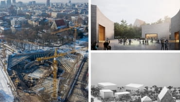 Muzeum Powstania Wielkopolskiego 1918-1919 w Poznaniu. Z lewej - zdjęcie z budowy; Z prawej: wizualizacje