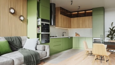 W aranżacji wykorzystano dekory Tajga (U19515), Dąb Amerykański (R20119) oraz Terazzo Beige (S68052) zielony kolor