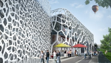 Frontowa elewacja budynku przypominać będzie ogromny plaster miodu lub budownictwo pająków.