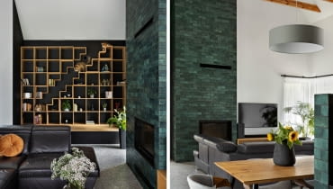 Wysoka, sięgająca sufitu obudowa kominka  z zielonymi płytkami-cegiełkami tworzy wyrazisty akcent wnętrza. Misterne układanie  i fugowanie drobnych kafli wymagało ogromnej precyzji – zadaniu temu, podobnie jak wielu innym wymagającym wytrwałości, sprostali Krzysztof i Maciej z ekipy budowlanej Kombuilder Krzysztof Czapski.