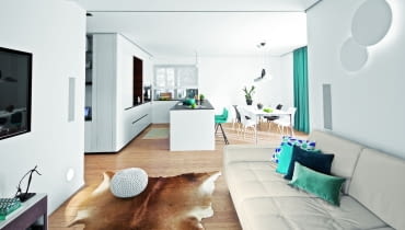 Na otwartą strefę dzienną składa się przedpokój, kuchnia z jadalnią i salon. Takie rozwiązanie sprzyja rodzinnej integracji; większość czasu domownicy spędzają w strefie dziennej. Na sofie Maxdivani poduszki NAP oraz Bo Concept, skóra na podłodze IKEA, puf House & More. Na otwartą strefę dzienną składa się przedpokój, kuchnia z jadalnią i salon. Takie rozwiązanie sprzyja rodzinnej integracji; większość czasu domownicy spędzają w strefie dziennej. Na sofie Maxdivani poduszki NAP oraz Bo Concept, skóra na podłodze IKEA, puf House & More.