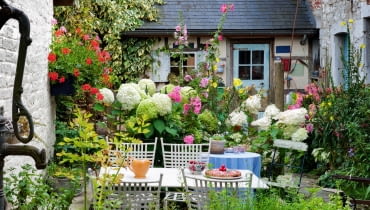 Idylla wśród kwiatów - ogródek pełen kwitnących hortensji bukietowych, malw i pelargonii (w wiszącej donicy) przypomina kolorowy bukiet. Idylla wśród kwiatów - ogródek pełen kwitnących hortensji bukietowych, malw i pelargonii (w wiszącej donicy) przypomina kolorowy bukiet.