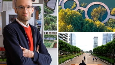 Z lewej: Paweł Grobelny; Z prawej na górze: zagospodarowanie nabrzeża Jeziora Słupeckiego; Z prawej na dole: Platformy do pracy i odpoczynku w La Defense w Paryżu