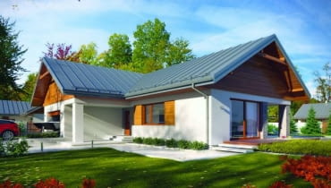 Projekt domu Arte - widok z boku na frontową elewację z wysuniętym garażem projekty domów, dom parterowy