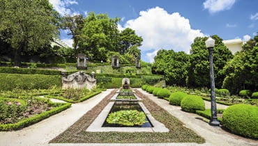 Prostokątne oczka wodne (w tym samym ogrodzie) porastają różowe i białe grzybienie. Prostokątne oczka wodne (w tym samym ogrodzie) porastają różowe i białe grzybienie.