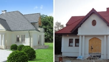 Nieprzemyślana zmiana - podniesienie ścianki kolankowej - spowodowało zmianę kształtu tympanonu (ograniczona gzymsami i krawędzią dachu płaszczyzna nad wejściem) projekt gotowy, adaptacja projektu gotowego, dom jednorodzinny, dworek