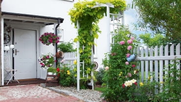 Przy domu w sezonie bujnie rosną kwiaty. Obrośnięta pnączami pergola to wejście do przydomowego ogródka.