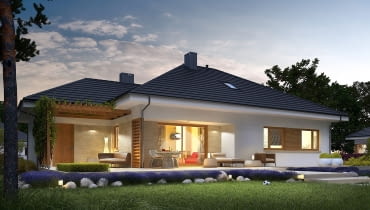 Projekt domu Flo III G1 z dużym tarasem i garażem w bryle. Powierzchnia użytkowa 112,72 m2, dodatkowo powierzchnia poddasza do adaptacji 35,91 m2. Oprócz salonu, na parterze są trzy sypialnie. Cena projektu 2600 zł projekt domu z poddaszem