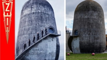 Trudelturm w Berlinie. Z lewej: okładka płyty "Zeit" Rammstein; z prawej: Trudelturm