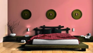 Modern bedroom in ethnic style 3D rendering SLOWA KLUCZOWE: interior furniture situation sofa vase bedroom pillow glass blind white wood niche illumination modern reflection 3D comfort rest area room home decor relax lifestyle furnishings comfortable leisure objects shade family illustration lamp bed blanket black carpet book dream sleep luxurious apartment blanket ethnic jalousie yellow plant