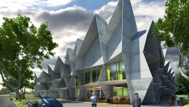 Dom spokojnej starości nad rzeką Ślęzą we Wrocławiu. Widok od strony Południowo - Wschodniej (poziom 0 - restauracja, poziom +1 - mediateka, poziom +2 - kaplica) Dom spokojnej starości nad rzeką Ślęzą we Wrocławiu