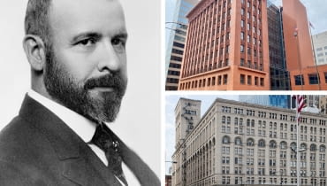 Z lewej: Louis Henry Sullivan; Z prawej na górze: Wainwright Building w St. Louis; Z prawej na dole: Auditorium Building w Chicago Z lewej: Louis Henry Sullivan; Z prawej na górze: Wainwright Building w St. Louis; Z prawej na dole: Auditorium Building w Chicago