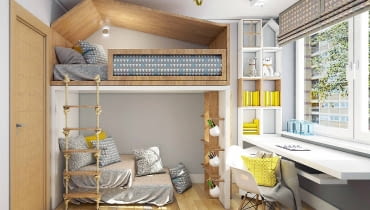 ZE SKLEJKI. Nie tylko najmłodsi lubią przytulne domki. Z czasem nowoczesna antresola spodoba się też nastolatkom, gdy obrażone na świat będą chciały pobyć w samotności. Przy okazji taka konstrukcja pozwoli lepiej wykorzystać miejsce w pokoju. Projekt: pracownia Insign