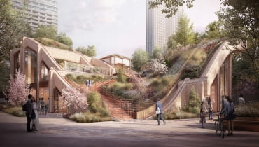 Pergola w Tokio w Toranomon-Azabudai. Proj. Studio Heatherwick