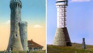 Z lewej: Wieża widokowa na Śnieżniku - pocztówka z początku XX wieku. Z prawej: projekt odbudowy wieży Z lewej: Wieża widokowa na Śnieżniku - pocztówka z początku XX wieku. Z prawej: projekt odbudowy wieży