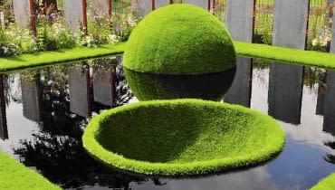 Trawnik jak zielona wyspa. Półkula i misa to aranżacja tylko na pokaz, ponieważ trudno utrzymać ją w takim stanie przez dłuższy czas. Była atrakcją brytyjskiej wystawy Hampton Court Palace Flower Show w 2011 roku Trawnik jak zielona wyspa. Półkula i misa to aranżacja tylko na pokaz, ponieważ trudno utrzymać ją w takim stanie przez dłuższy czas. Była atrakcją brytyjskiej wystawy Hampton Court Palace Flower Show w 2011 roku