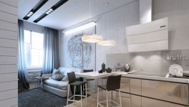 Nowoczesne małe mieszkanie - salon z kuchnią. małe mieszkanie, nowoczesne mieszkanie, mieszkanie w odcieniach szarości, jak urządzić mieszkanie