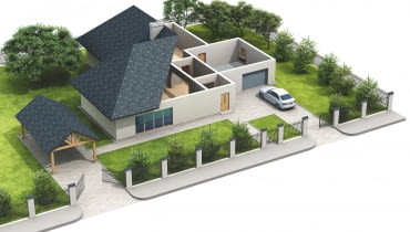 Dom jednorodzinny z garażem na poziomie parteru oraz z wiatą