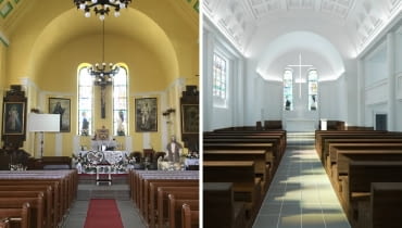 Kościół w Żórawinie. Z lewej - stan obecny. Z prawej - po rewitalizacji. Kościół w Żórawinie. Z lewej - stan obecny. Z prawej - po rewitalizacji.