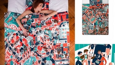 Pościel "Miasto" od Pan Tu Nie Stał ozdobiona nadrukami zaprojektowanymi przez Kasię Bogucką z grupy projektowej Nioska. Pan Tu Nie Stał, pościel, Kasia Bogucka, Nioska, oryginalna pościel