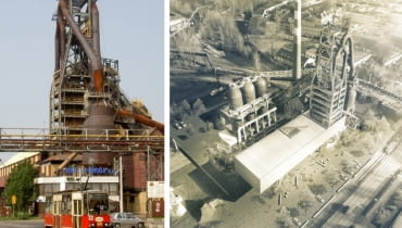 Z lewej: wielki piec Huty Pokój w Rudzie Śląskiej; z prawej: Koncepcja urbanistyczno-architektoniczna rewitalizacji i adaptacji wielkiego pieca Huty Pokój w Rudzie Śląskiej na cele turystyczno-kulturalne. Proj. eM4 Pracownia Architektury Brataniec