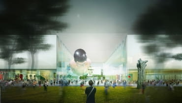 Widok wewnętrznego placu, łączącego Muzeum i Teatr oraz plac Defilad z Parkiem Świętokrzyskim Widok wewnętrznego placu, łączącego Muzeum i Teatr oraz plac Defilad z Parkiem Świętokrzyskim