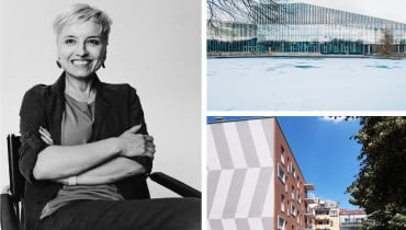 Z lewej: Katarzyna Głażewska; Z prawej na górze: Akademia Muzyczna w Bydgoszczy; Z prawej na dole: budynek mieszkalny przy u. Dubieńskiej w Warszawie