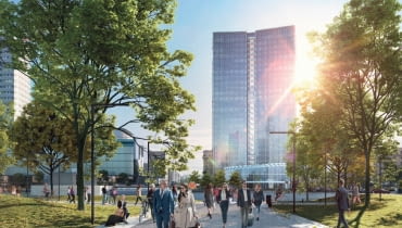 Wizualizacja wieżowca Widok Towers, budowanego z tyłu za Rotundą, na miejscu dawnego biurowca Universal Wizualizacja wieżowca Widok Towers, budowanego z tyłu za Rotundą, na miejscu dawnego biurowca Universal