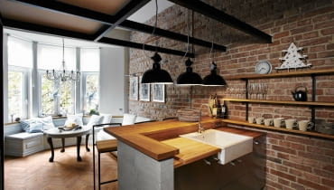 kuchnia otwarta, ściana ceglana, salon, aranżacje wnętrz