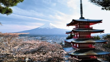 Kwitnące wiśnie, wyniosła pagoda i święta góra Fuji - to widok, który kojarzy się z Japonią Kwitnące wiśnie, wyniosła pagoda i święta góra Fuji - to widok, który kojarzy się z Japonią