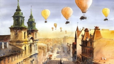 Krakowskie Przedmieście 2011|50x65cm. Akwarela przedstawia ulicę tuż przed wojną. Po prawej stronie nieistniejące już wysokie kamienice Warszawa z akwareli