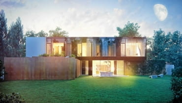 Przeszklone płaszczyzny sprawiają, że ogrodowa elewacja w dzień jest dyskretnie transparentna, za to wieczorem rozbłyska światłem, ukazując efektowne wnętrza stal kortenowska jest uniwersalna. nie szkodzi jej żadna pogoda i nie wymaga pielęgnacji. Do tego pięknie się starzeje, nabierając rdzawej patyny.