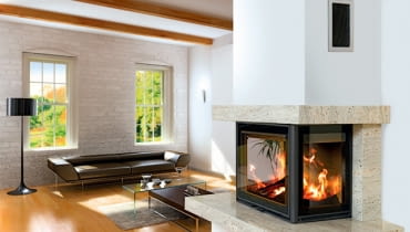 Obudowa kominka na zamówienie jest zdecydowanie droższa od gotowej obudowy dedykowanej konkretnemu wkładowi. Ale też pozwala dopasować materiały i styl do naszych wymagań oraz wystroju pomieszczenia modern living room interior with fireplace (3D rendering)