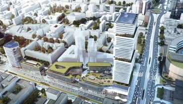 Wizualizacja inwestycji Centralna Park, która ma powstać u zbiegu Al. Jerozolimskich i al. Jana Pawła II. Przy lewym brzegu obrazka planowany 70-metrowy wiezowiec na miejscu pawilonu, w którym kiedyś działał sklep IKEA Wizualizacja inwestycji Centralna Park, która ma powstać u zbiegu Al. Jerozolimskich i al. Jana Pawła II