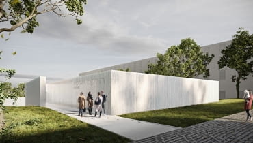 Pawilon mykwy w Oświęcimiu. Proj. Nizio Design International. Wizualizacja od ul Berka Joselewicza Pawilon mykwy w Oświęcimiu. Proj. Nizio Design International. Wizualizacja od ul Berka Joselewicza