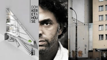 Od lewej: makieta Domu Kereta, autorstwa Jakuba Szczęsnego; Etgar Keret i jego dom w szczelinie między budynkami na ul. Żelaznej Od lewej: makieta Domu Kereta, autorstwa Jakuba Szczęsnego; Etgar Keret i jego dom w szczelinie między budynkami na ul. Żelaznej