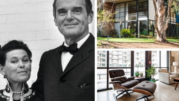 Z lewej: Charles i Ray Eames; Z prawej na górze: Eames House; Z prawej na dole: Lounge Chair Z lewej: Charles i Ray Eames; Z prawej na górze: Eames House; Z prawej na dole: Lounge Chair