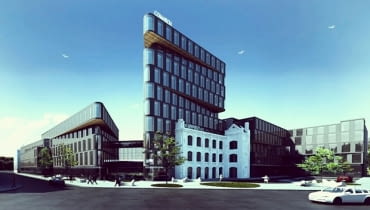 Wizualizacja nowej siedziby firmy Comarch, która powstanie na rogu ulic Jaracza i Uniwersyteckiej w Łodzi Wizualizacja nowej siedziby firmy Comarch, która powstanie na rogu ulic Jaracza i Uniwersyteckiej w Łodzi