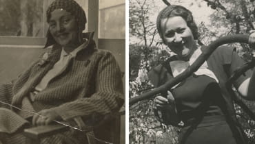 Fot. z lewej:  Barbara Brukalska w holu domu własnego przy ul. Niegolewskiego 8 w Warszawie; Fot. z prawej: Helena Syrkus, lata 30. XX w., fotografia, zbiory Muzeum Sztuki w Łodzi