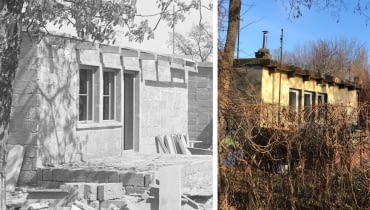 Eksperymentalne domki z gruzobetonu w Warszawie. Z lewej: budowa w 1948 roku; Z prawej: w 2025 roku Eksperymentalne domki z gruzobetonu w Warszawie. Z lewej: budowa w 1948 roku; Z prawej: w 2025 roku