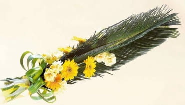 Pomiędzy trzy liście cykasa, które do złudzenia przypominają palmowe, wkładamy gerbery i narcyzy oraz ich podwinięte liście. Pamiętajmy, by kolejne warstwy mocować dokoła cykasa - wtedy palemka z każdej strony będzie wyglądała równie efektownie. 08.04.2006 DLA KWARTALNIK BUKIETY PALMY WIELKANOCNE WIELKANOC 2007 WYKONANIE: AGNIESZKA SOKOLOWSKA FLORYSTYKA KOMPOZYCJE FLORYSTYCZNE KOMPOZYCJA FLORYSTYCZNA BUKIET FOT. LUKASZ ZANDECKI / AGENCJA GAZETA