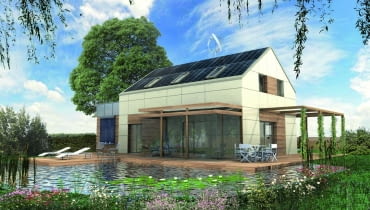 Projekt domu ADD - od strony północnej jego dach pokryty jest trawą. Pergola otaczająca budynek jest w strefie wejścia zabudowana. Komin jest zintegrowany z wiatrakiem o pionowej osi obrotu. Nad garażem znajduje się taras ogrodzony barierką z matowego szkła, na który wychodzi się z sypialni rodziców Projekt domu ADD - od strony północnej jego dach pokryty jest trawą. Pergola otaczająca budynek jest w strefie wejścia zabudowana. Komin jest zintegrowany z wiatrakiem o pionowej osi obrotu. Nad garażem znajduje się taras ogrodzony barierką z matowego szkła, na który wychodzi się z sypialni rodziców