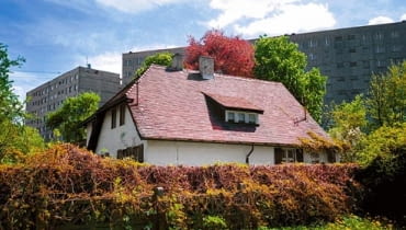 Często nie mamy wpływu na sąsiedztwo. Pozostaje jedynie próbować się przed nim osłonić. 02.05.1999 KATOWICE NIKISZOWIEC OSIEDLE DOMKOW GORNICZYCH. W LATACH SIEDEMDZIESIATYCH POSTAWIONO TUTAJ BLOKOWISKO NISZCZAC STARA ARCHITEKTURE